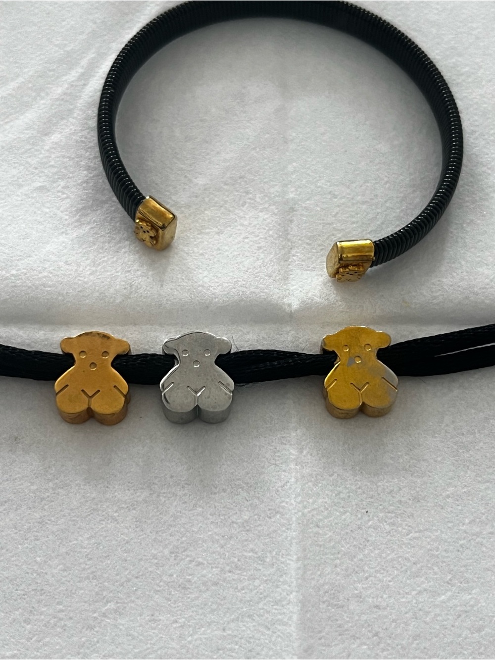 Kids Adjustable Black Cord Bracelet with Gold & Silver Teddy Charms